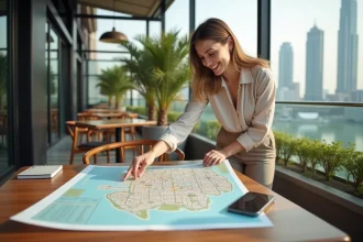 Femme consultant une carte interactive de Dubai dans un café en terrasse du centre-ville, pointant les meilleurs quartiers à visiter