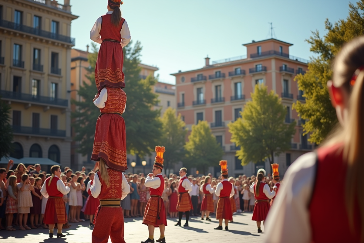 Performance de tour humain festive à Barcelone en plein soleil