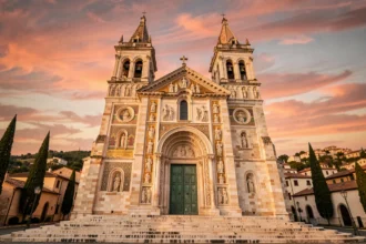 Façade extérieure de la cathédrale de Monreale au coucher du soleil, architecture normando-arabe-byzantine dorée avec vue sur le village sicilien