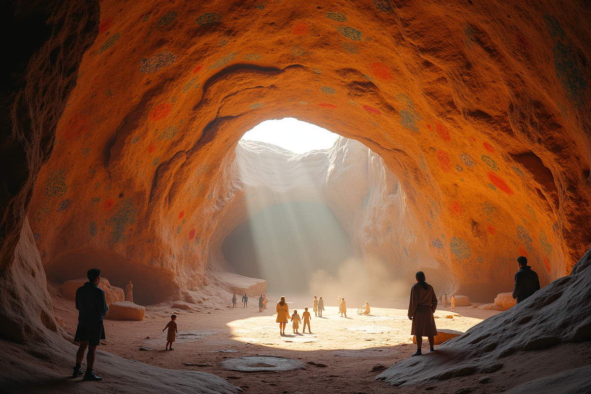 Caverne souterraine avec peintures anciennes et visiteurs