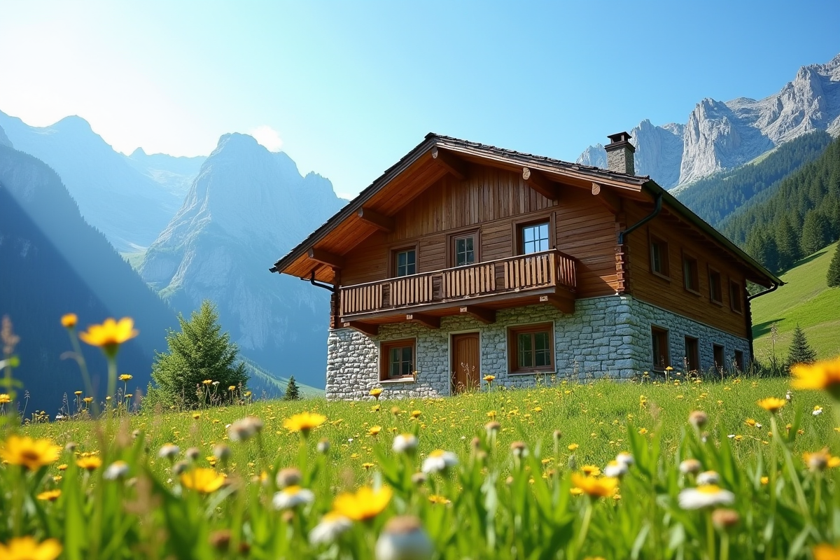 Chalet alpin traditionnel en été entouré de prairies