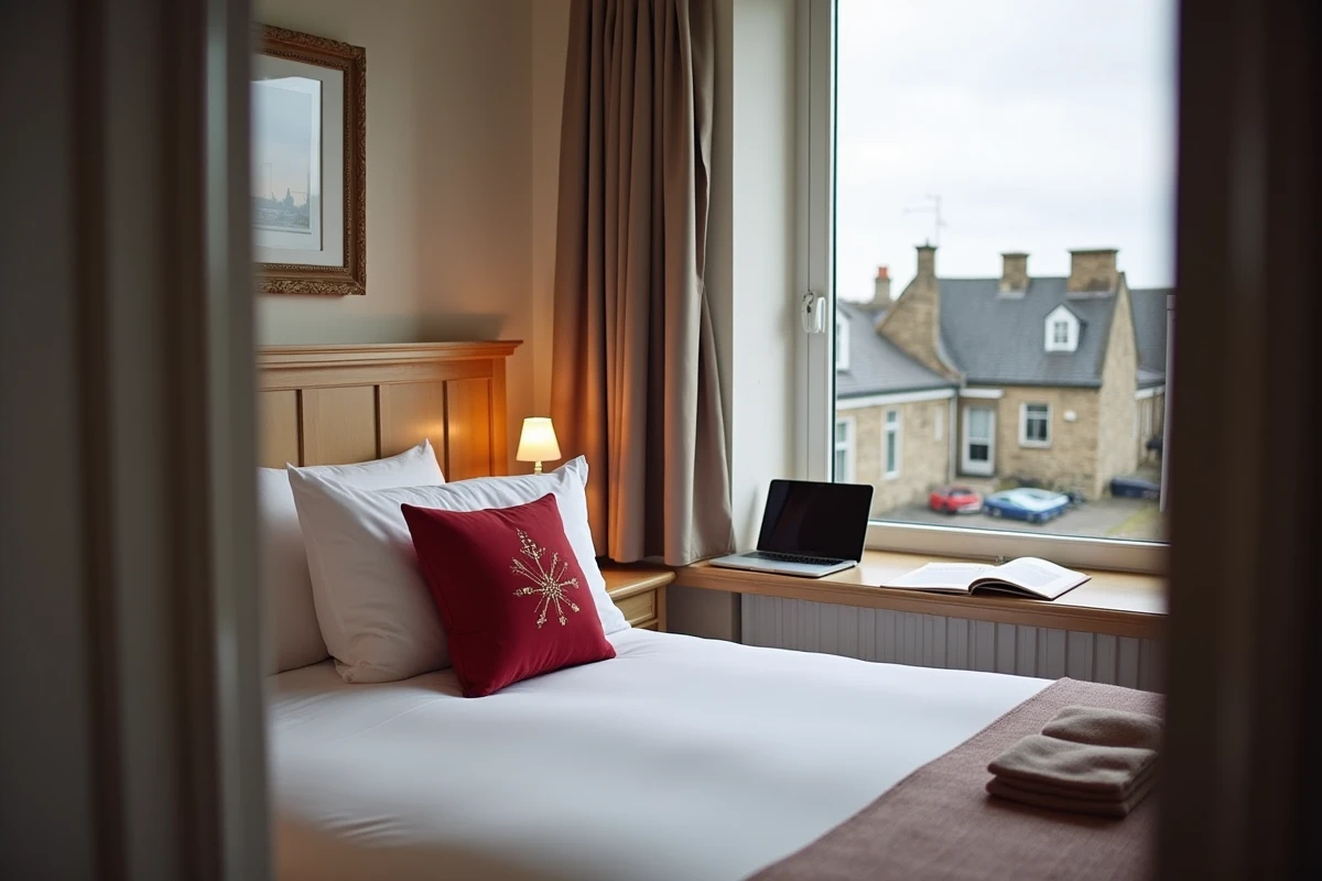 Chambre confortable d'un hôtel ibis à Fécamp avec vue sur le port normand et literie blanche soignée