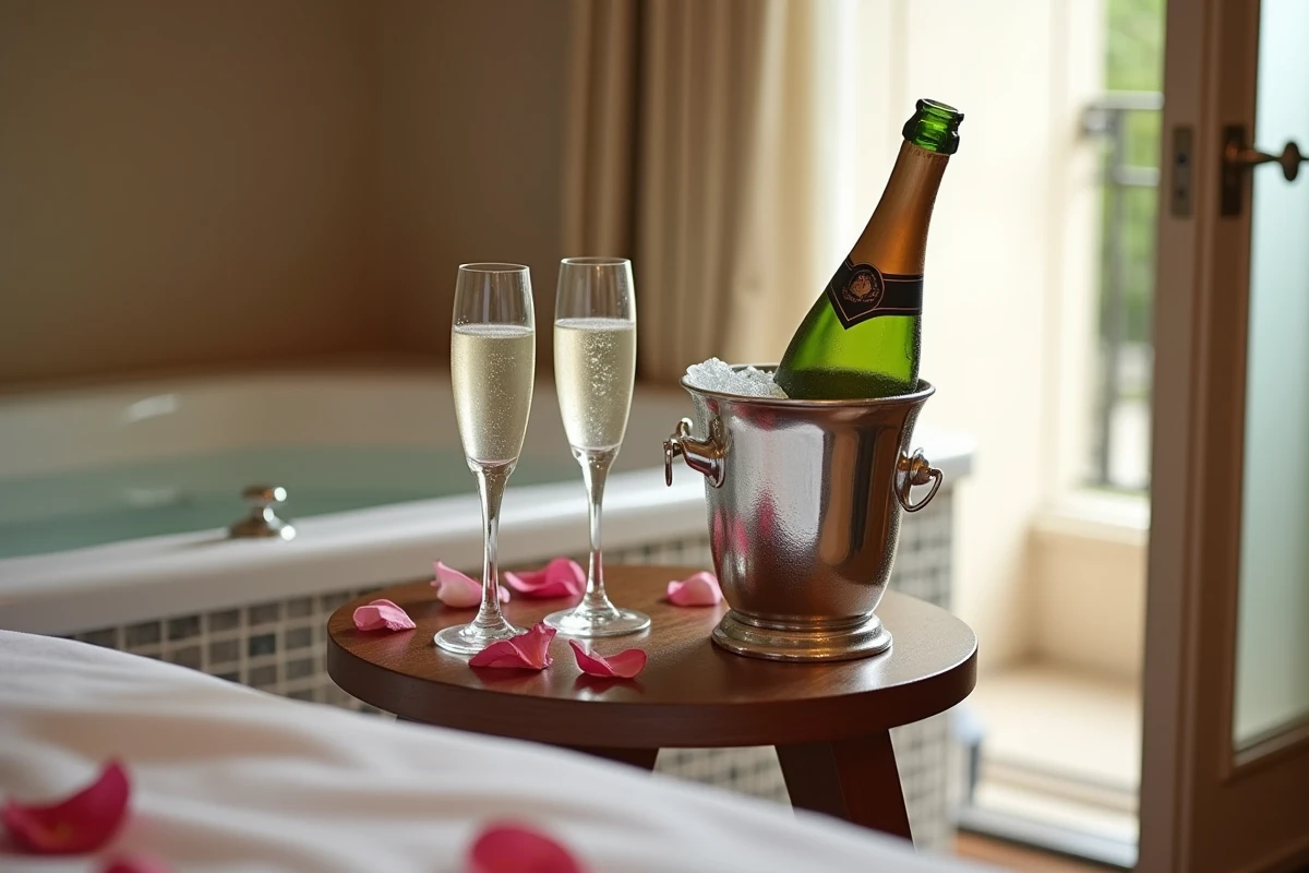Bouteille de champagne en seau à glace et pétales de rose dans une chambre d'hôtel de luxe avec jacuzzi à Paris