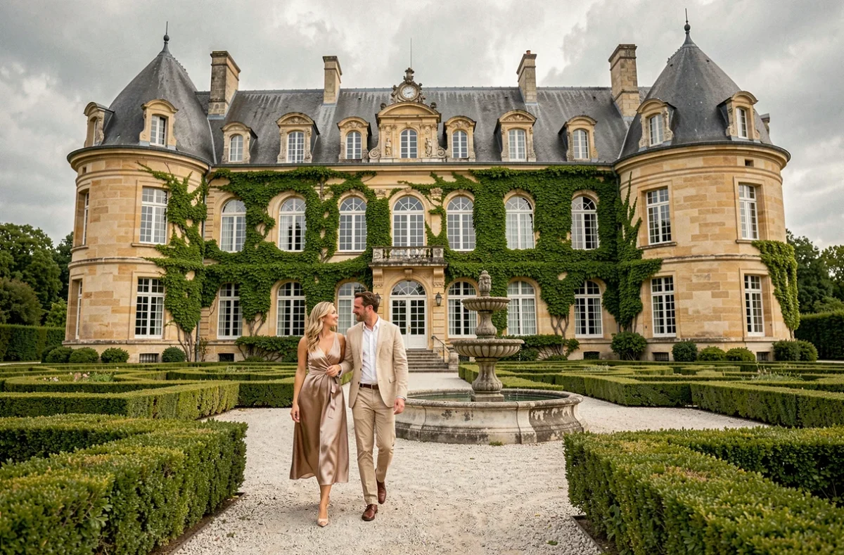 Façade majestueuse du Château de la Commaraine, hôtel 5 étoiles à Pommard en Bourgogne, entouré de jardins formels