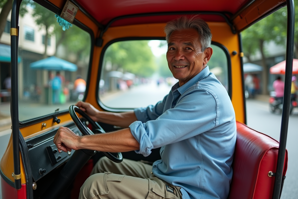 Chauffeur de tuk tuk thaïlandais dans une avenue de Bangkok