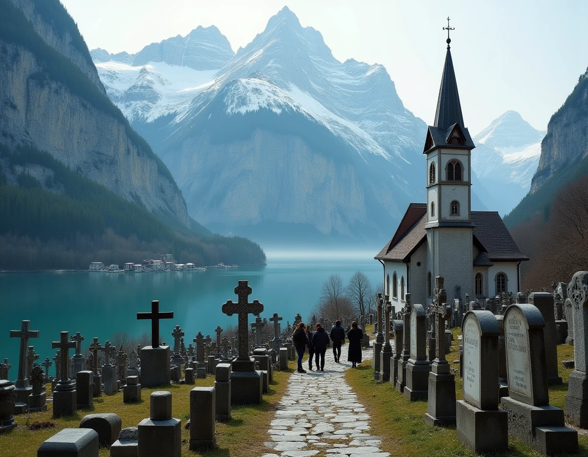 Cimeti&egrave;re historique de l'&eacute;glise catholique de Hallstatt avec croix en fer forg&eacute; et falaises des Alpes enneig&eacute;es en arri&egrave;re-plan
