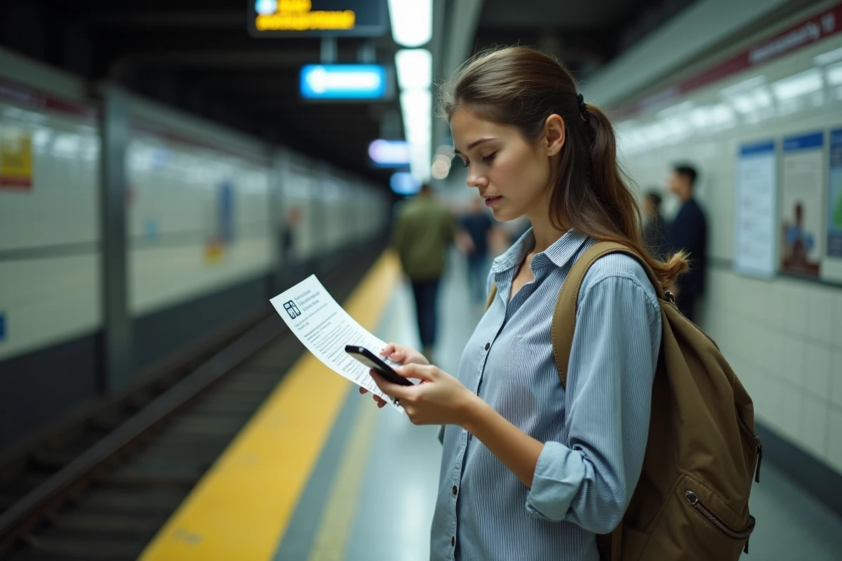 Jeune femme comparant un itinéraire papier et une application mobile de transport dans une station de métro