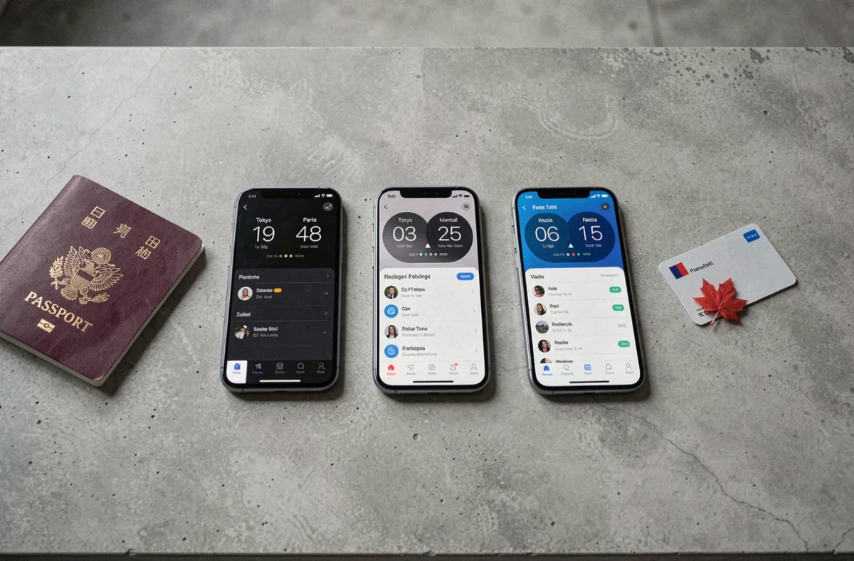 Trois smartphones affichant les fuseaux horaires de Tokyo, Paris et Montréal posés sur un bureau en béton avec objets de voyage