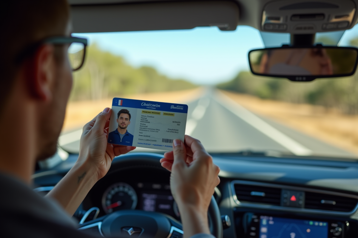 Conducteur français tenant son permis dans une voiture avec paysage australien