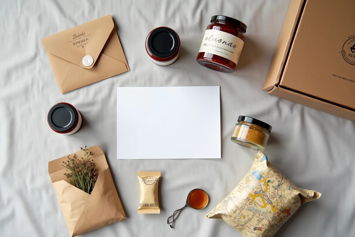 Flat lay des produits d'une box voyage mensuelle avec carte, snacks et articles artisanaux du monde