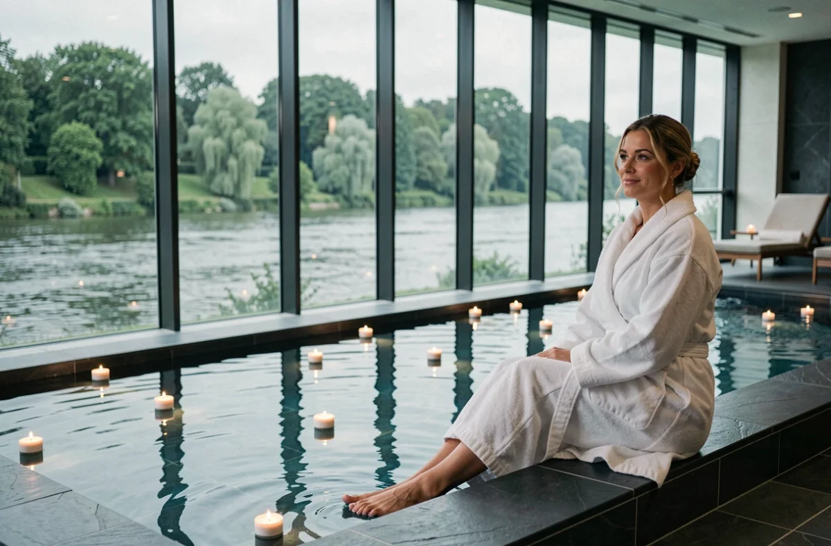 Spa intérieur élégant de La Côte Saint-Jacques à Joigny, avec piscine en ardoise et vue panoramique sur l'Yonne