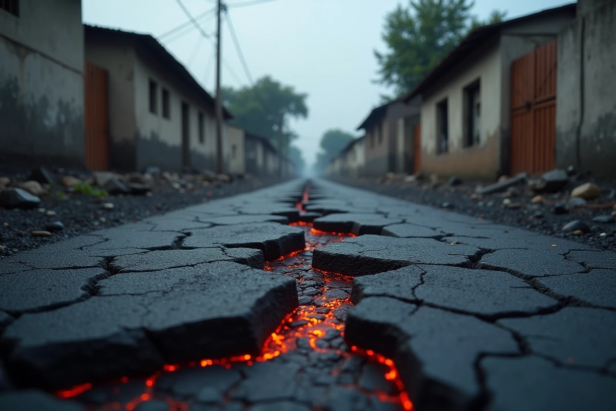 Coulée de lave du Nyiragongo avançant dans une rue de Goma, détruisant les structures urbaines environnantes lors de l'éruption volcanique