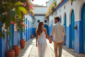 Couple se promenant main dans la main dans les ruelles bleues et blanches de la Kasbah de Tanger