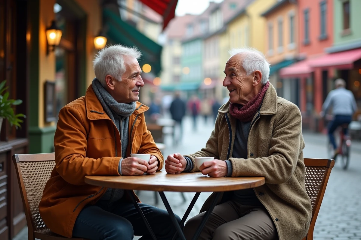 Couple d age moyen discutant au caf&eacute; en ville