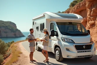 Couple en camping-car sur une route côtière espagnole consultant une carte papier lors d'un road trip en Espagne