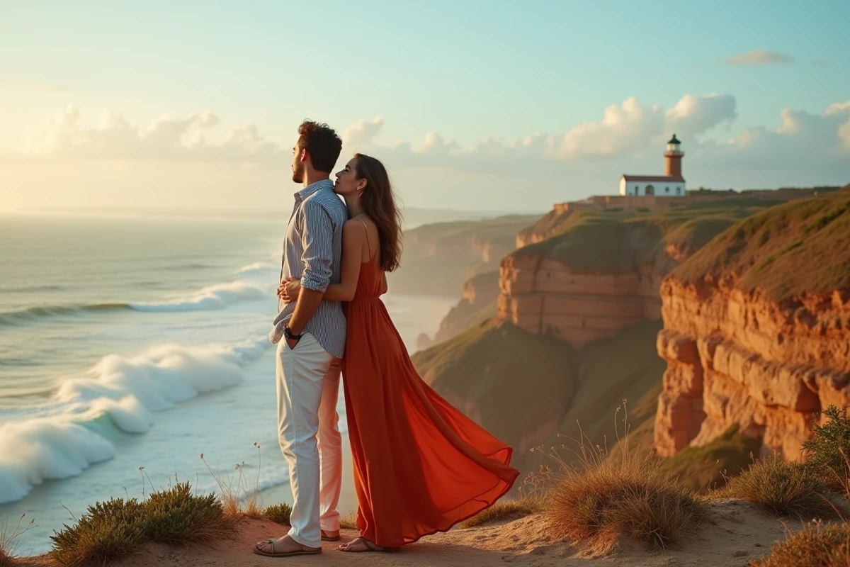 Couple romantique admirant l'océan Atlantique depuis les falaises du Cap Spartel près de Tanger