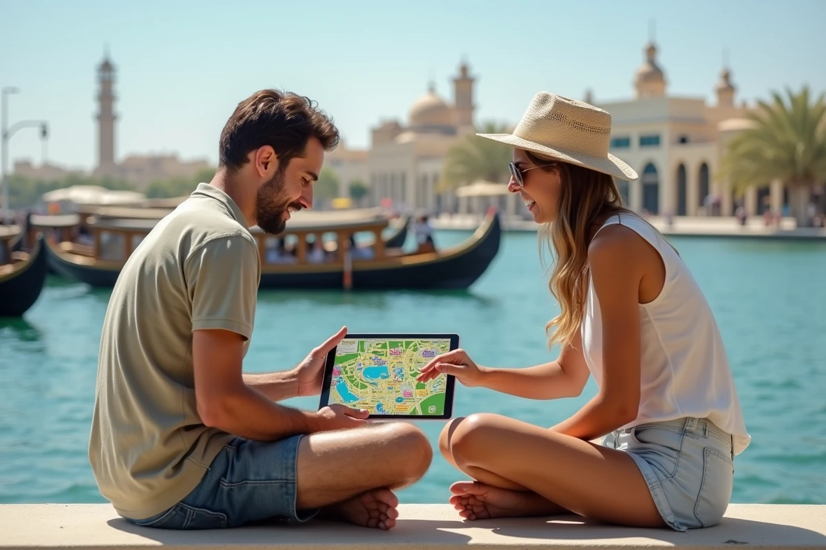 Couple consultant une carte interactive de Dubai en français sur une tablette au bord du Dubai Creek avec des boutres traditionnels en arrière-plan