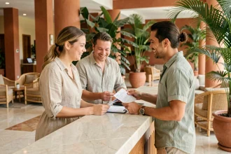 Couple en vacances tout compris accueilli par un agent de voyage au comptoir d'un hôtel tropical Selectour