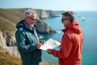 Couple souriant sur une falaise de granite rose en Bretagne