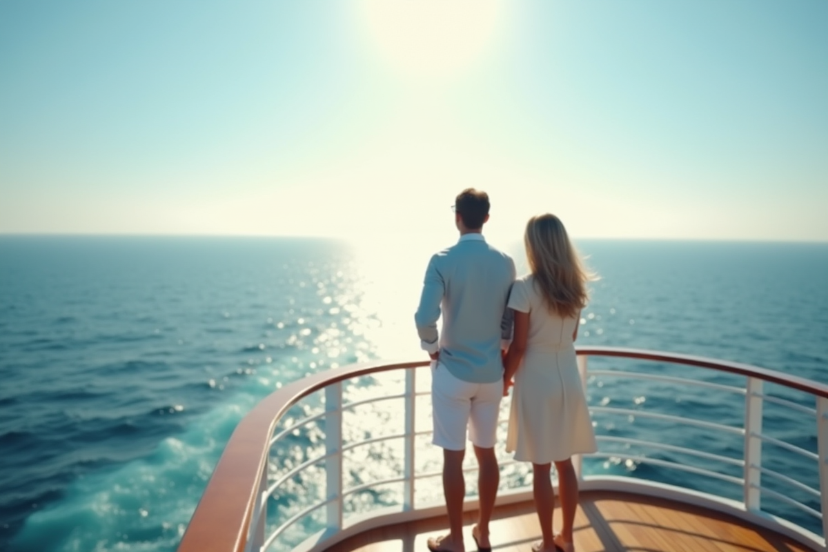 Couple sur le pont d'une croisiere regardant la mer