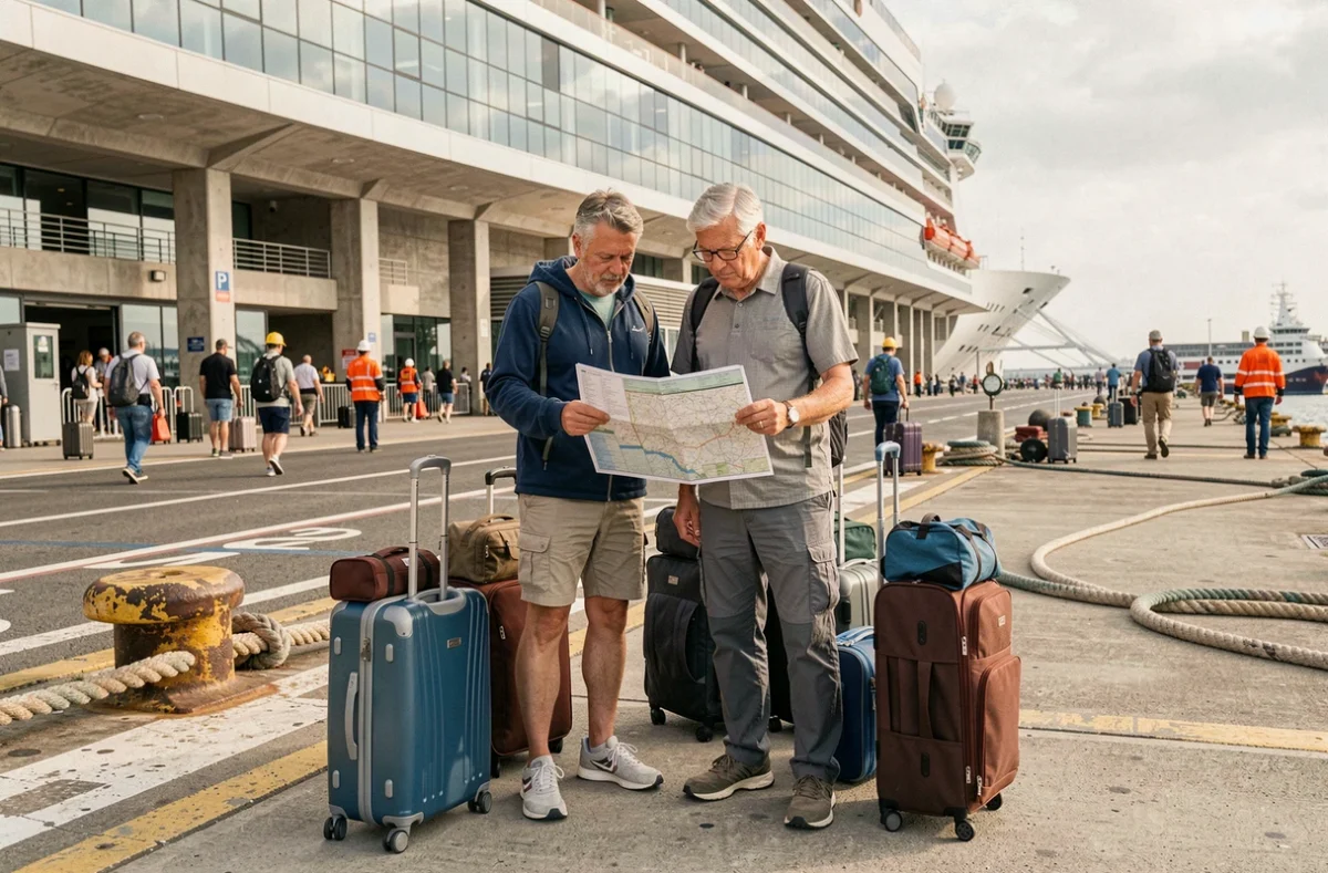 Couple de retraités sur le quai d'un terminal de croisière avec valises et itinéraire imprimé avant l'embarquement