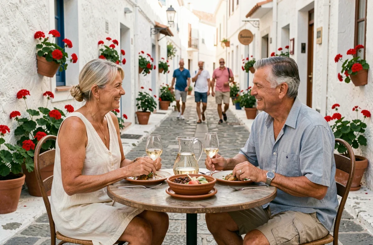 Couple en escale déjeunant dans une ruelle typique d'un village méditerranéen lors d'une mini croisière