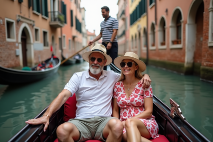 Couple en gondola &agrave; Venise souriant en &eacute;t&eacute;