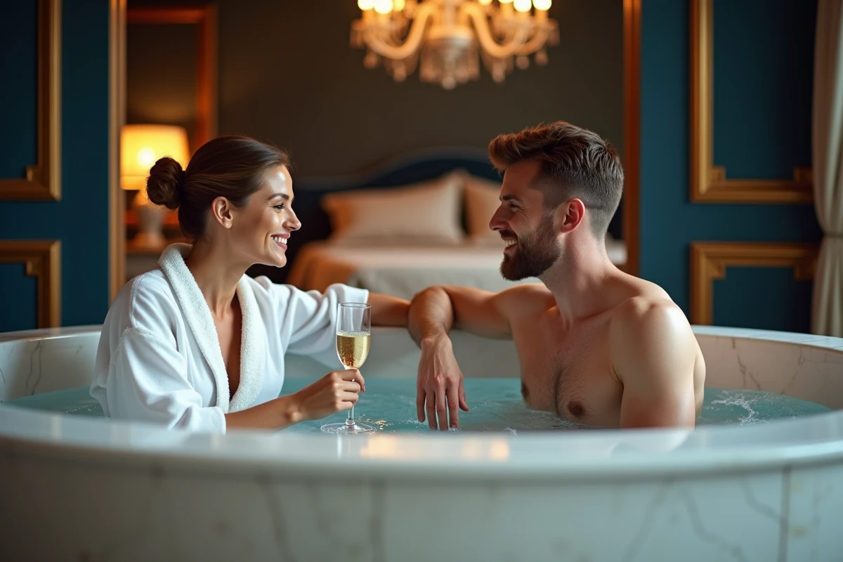 Couple profitant d'un jacuzzi dans une suite d'hôtel parisien de luxe avec champagne et décoration raffinée