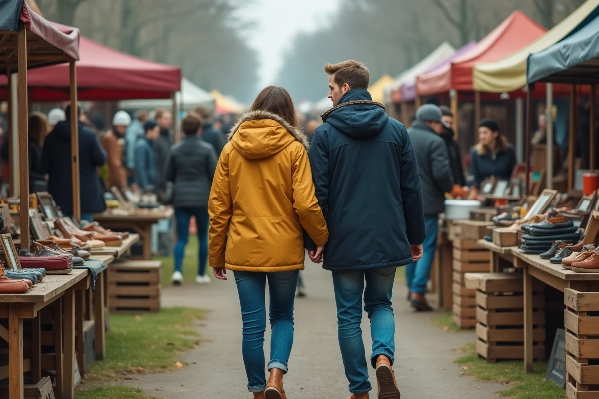 Couple se promenant au marché aux puces du Mauerpark à Berlin lors d'un week-end animé