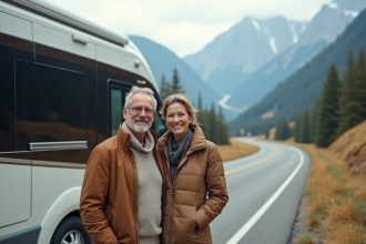 Couple voyageant en motorhome dans les Alpes