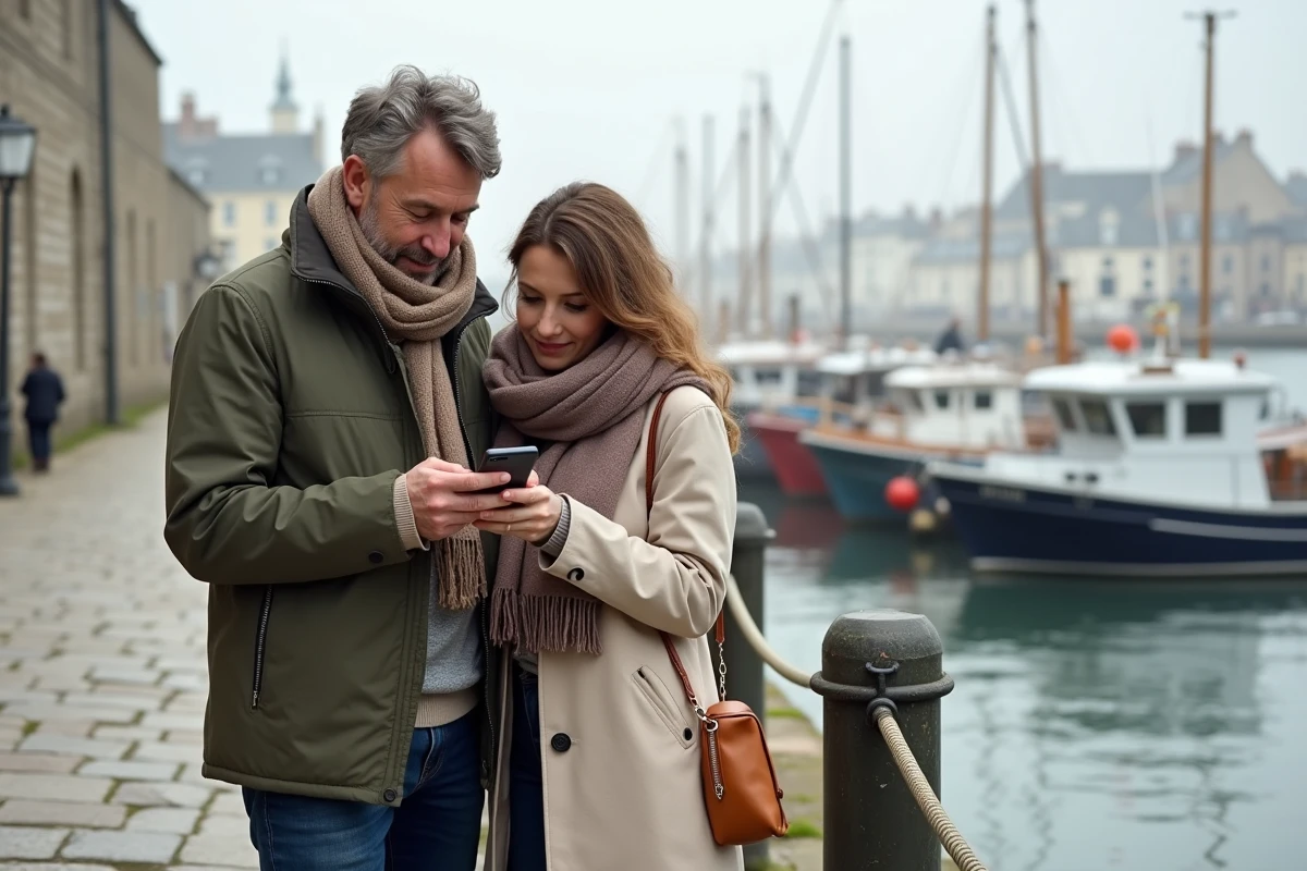 Couple consultant des offres d'hôtel sur smartphone sur le quai de Fécamp avec vue sur le port et les falaises normandes