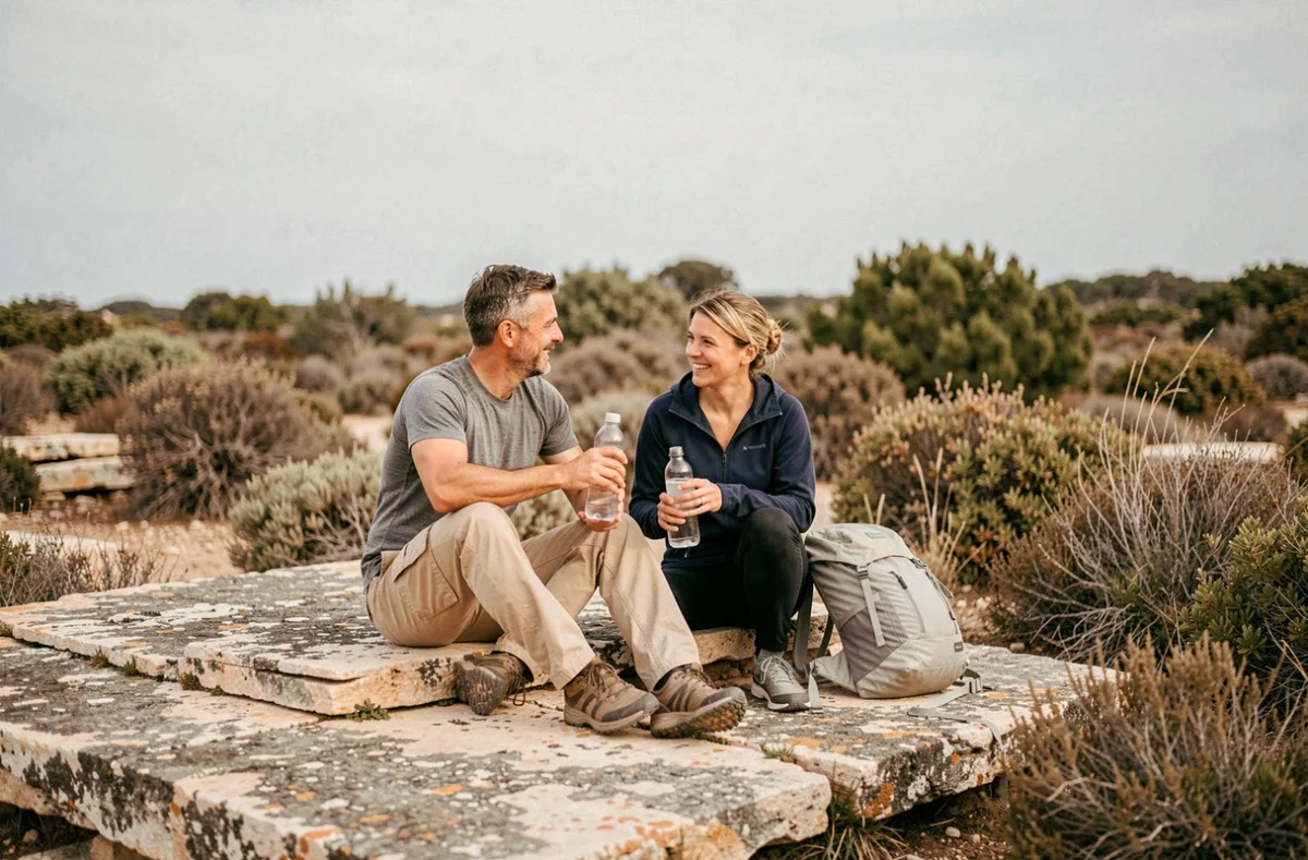 Couple en pause sur un rocher calcaire pendant la randonnée facile de la Pointe du Salaison dans l'Hérault