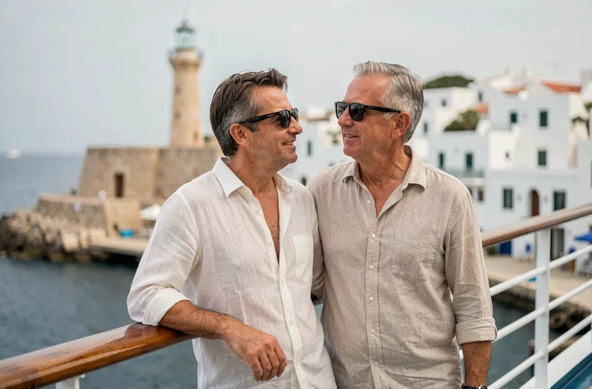 Couple de voyageurs sur le pont d'un bateau de croisière Costa admirant un port méditerranéen