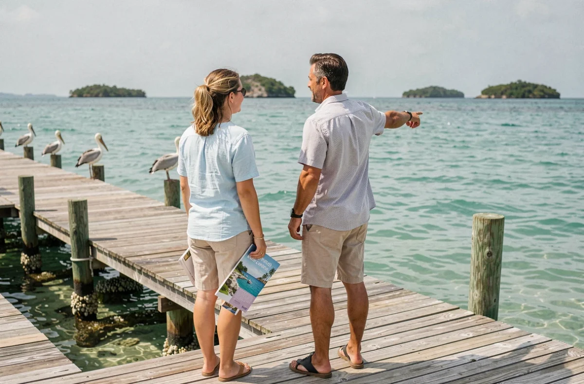 Couple en tenue décontractée sur un ponton en bois surplombant les eaux turquoise des Florida Keys à Marathon, regardant vers les îlots lointains avec une brochure de voyage