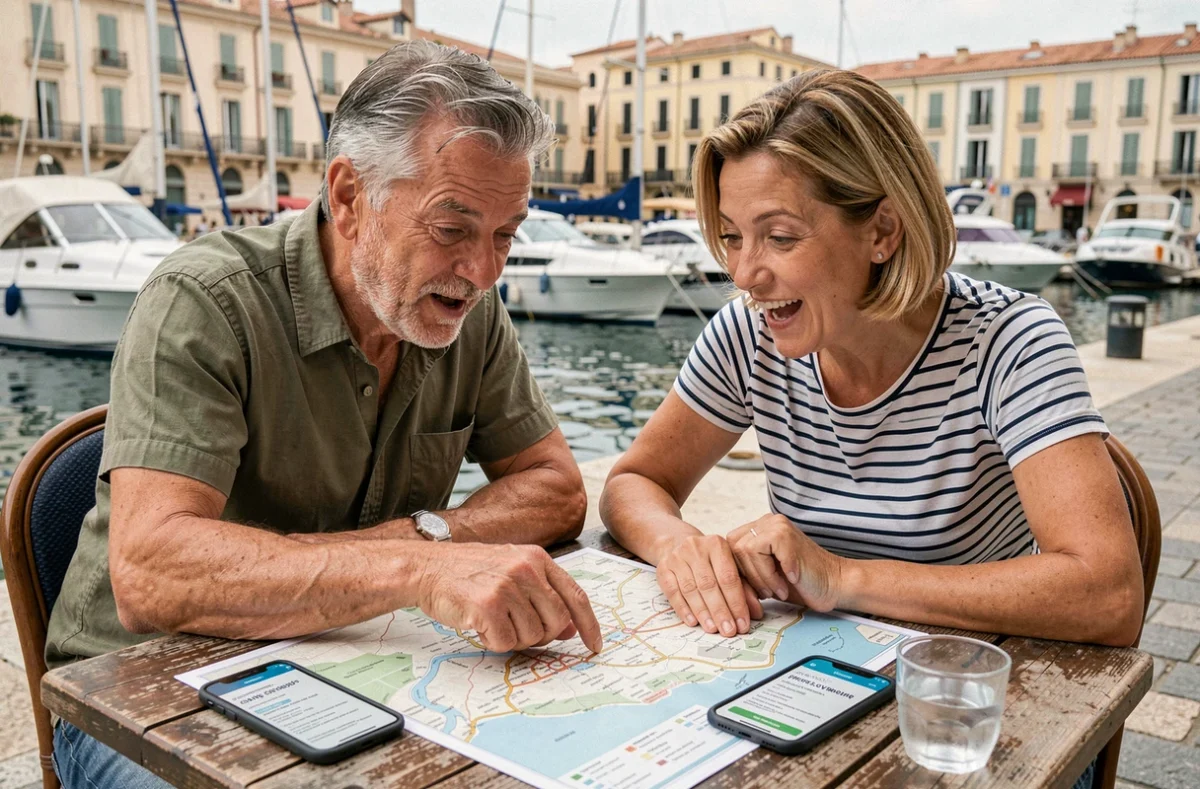 Couple consultant un itinéraire de croisière Marseille-Venise en terrasse au Vieux-Port de Marseille