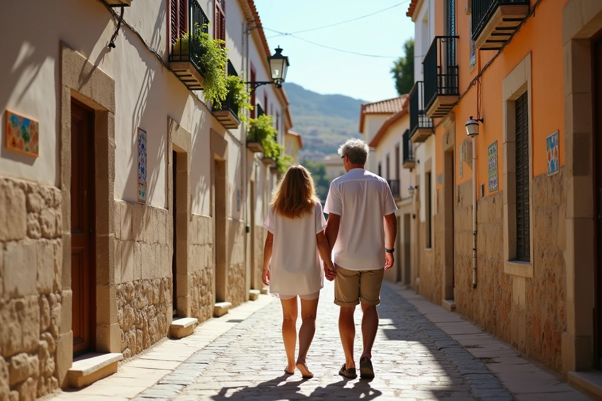 Couple explorant une ruelle pavée d'un village méditerranéen historique