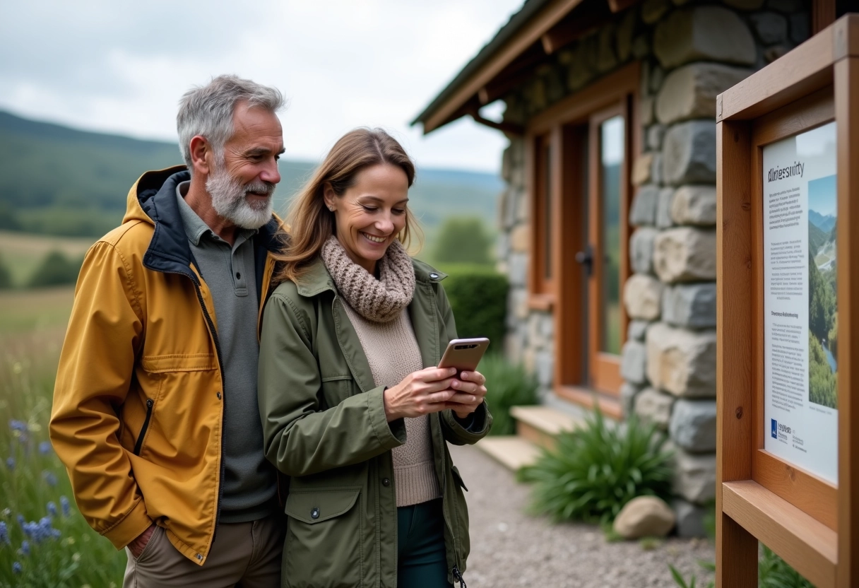 Couple souriant scannant QR devant ecolodge rurale