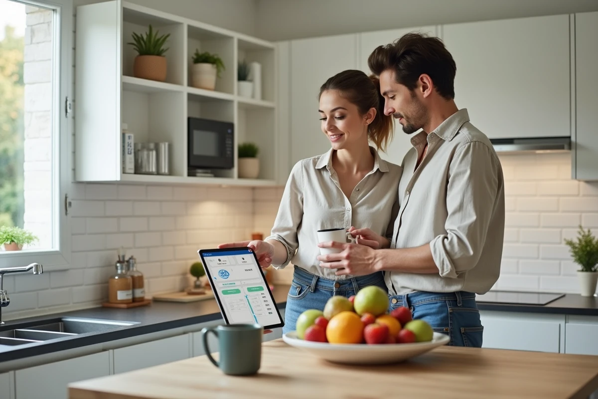Couple consultant un estimateur de coût de trajet Viamichelin sur tablette dans leur cuisine