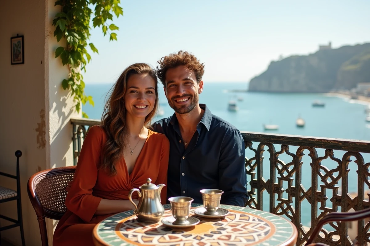 Couple dégustant un thé à la menthe en terrasse avec vue sur le détroit de Gibraltar à Tanger