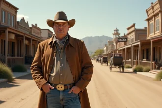 Homme cowboy au centre d'une rue poussiereuse à Oasys Mini Hollywood