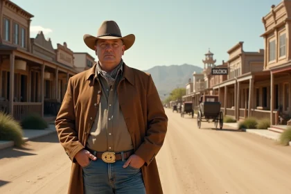 Homme cowboy au centre d'une rue poussiereuse à Oasys Mini Hollywood