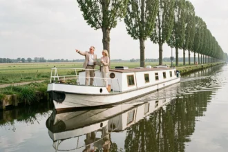 Couple naviguant sur un bateau fluvial classique le long d'un canal verdoyant en Picardie