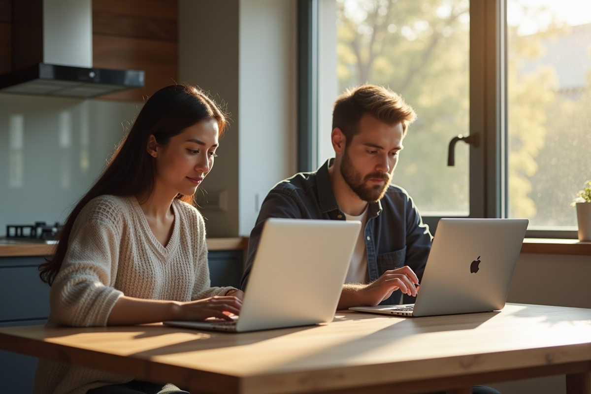 Deux personnes à une table de cuisine moderne avec laptops