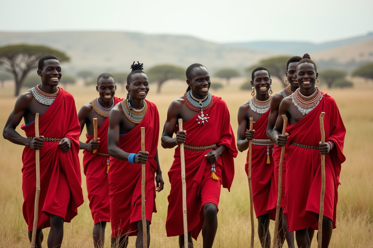 Jeunes Maasai en danse traditionnelle dans la savane