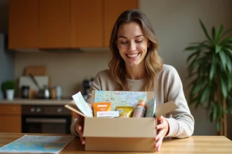Femme ouvrant une box voyage abonnement mensuel sur une table en bois avec produits du monde et carte