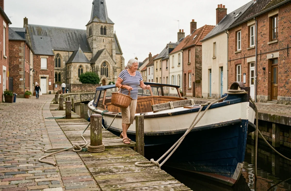 Femme débarquant d'un bateau amarré sur un quai en pierre dans un village de Picardie