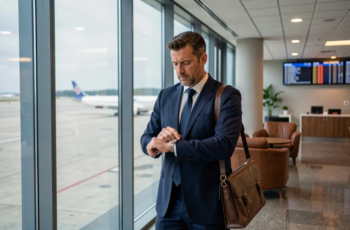 Homme d'affaires français dans un salon d'aéroport international consultant sa montre en regardant les pistes, évoquant les décalages horaires entre continents