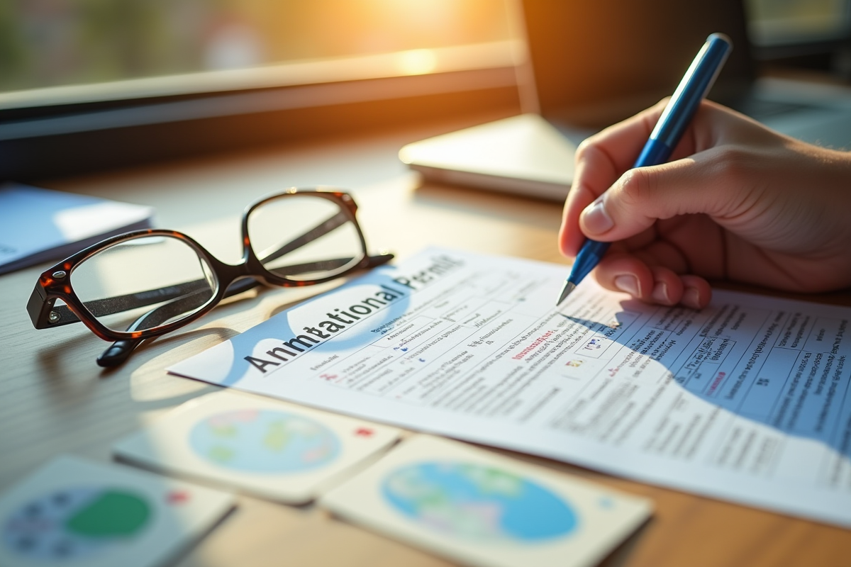 Main remplissant formulaire de permis de conduire sur bureau ensoleille