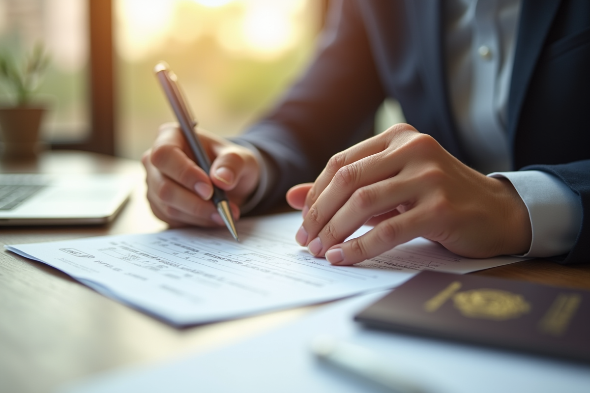 Personne remplissant un formulaire de visa sur une table