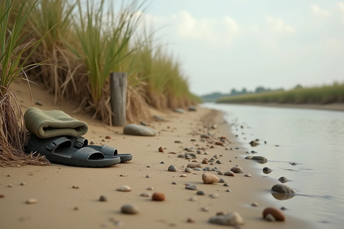 Détail de la plage des marais de Pennedepie avec sandales et serviette au bord de l'eau